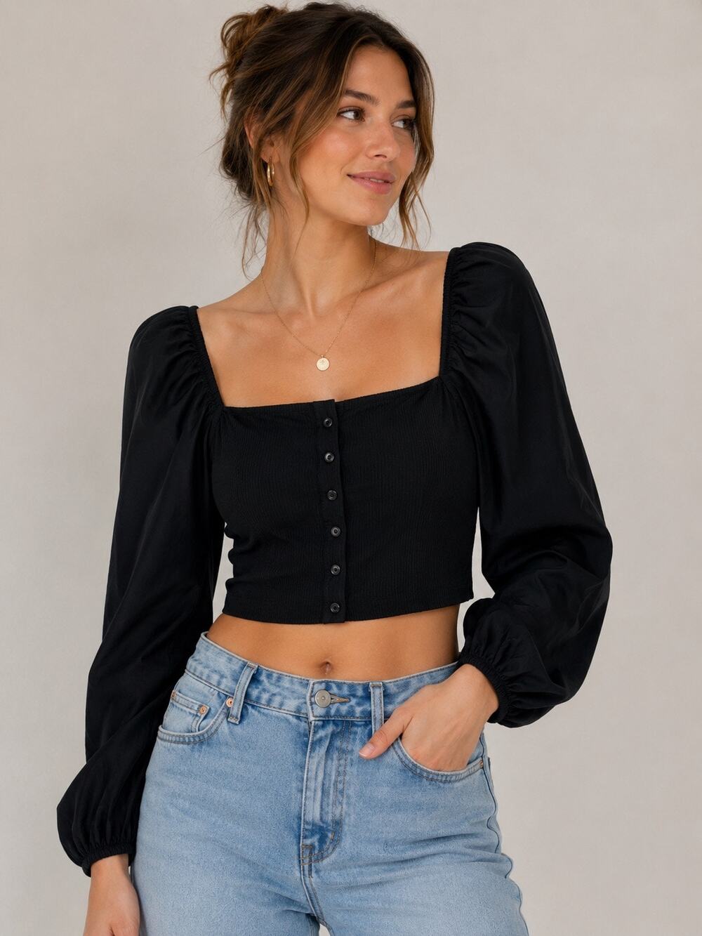 Zara Women’s M Black Square Neck Puff Sleeve Crop Top Button Front NWT